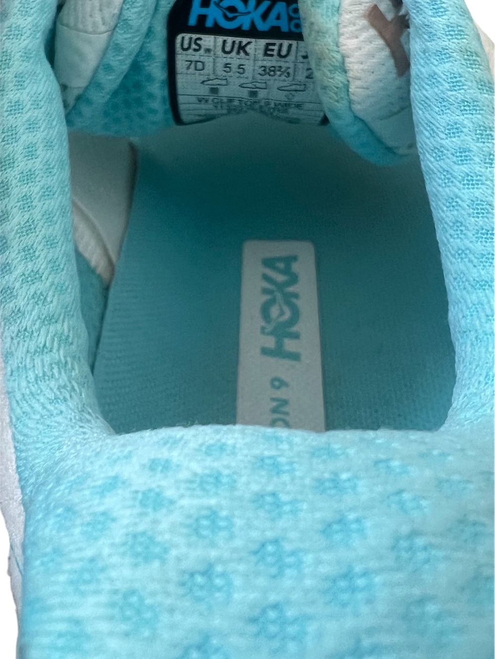 HOKA Women's Clifton 9 in the Frost / Rose Gold colorway, white mesh, sky blue. - Picture 6 of 8